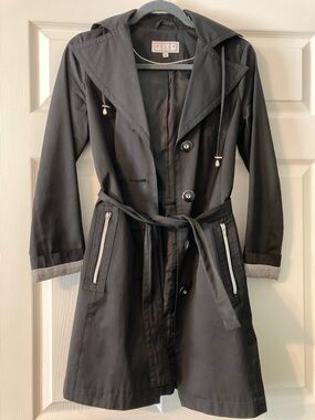 Elle Black Hooded Trench Coat with Belt